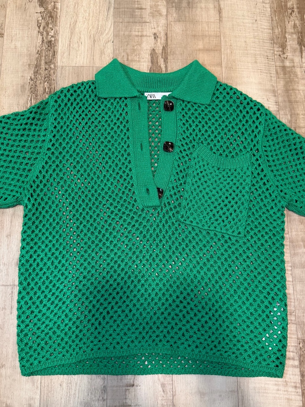 ZARA Green Open Knit Crochet Mesh Polo Shirt Pocket Short Sleeve Size S